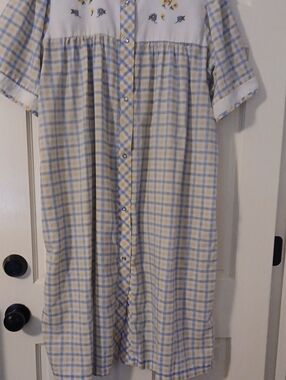 Button-Front Plaid Nightgown with Floral Yoke